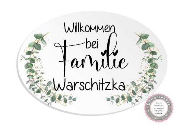 zauberhaftes ovales Türschild Eukalyptus und Wunschname - zur Einweihung, Richtfest, Einzug Geburtstag vonLüttentüddel®
